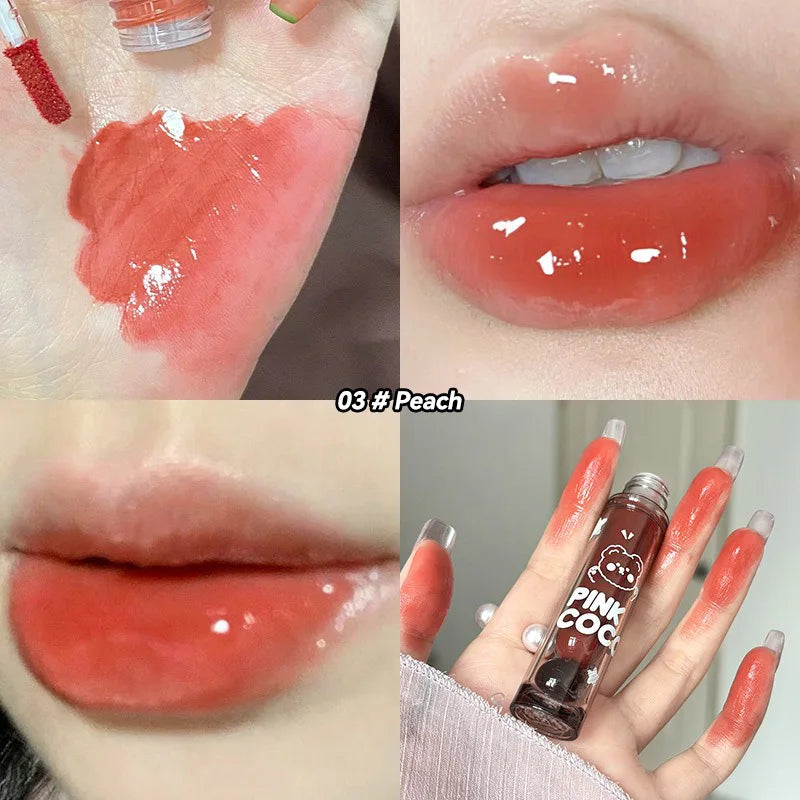 PINKCOCO Bear Mirror Lip Glaze – Long-Lasting Shine & Bright Nude Tint
