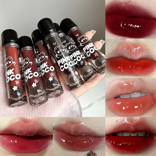 PINKCOCO Bear Mirror Lip Glaze – Long-Lasting Shine & Bright Nude Tint