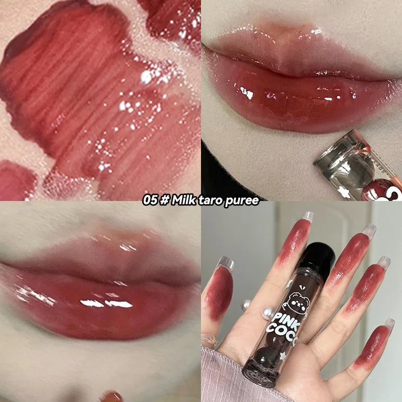 PINKCOCO Bear Mirror Lip Glaze – Long-Lasting Shine & Bright Nude Tint